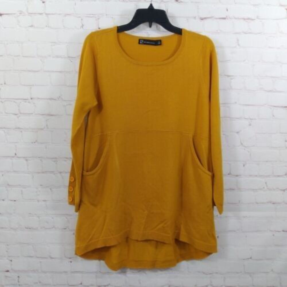 New York & Company Sweater Womens Small Yellow Pocket Tunic Crew Neck Pullover